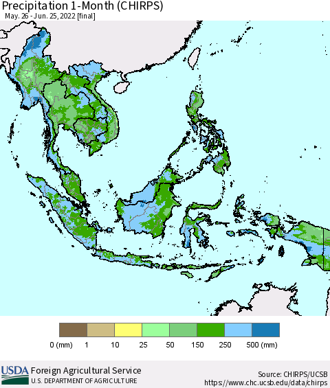 South East Asia Precipitation 1-Month (CHIRPS) Thematic Map For 5/26/2022 - 6/25/2022