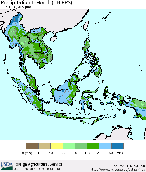 South East Asia Precipitation 1-Month (CHIRPS) Thematic Map For 6/1/2022 - 6/30/2022