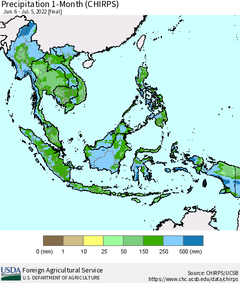 South East Asia Precipitation 1-Month (CHIRPS) Thematic Map For 6/6/2022 - 7/5/2022