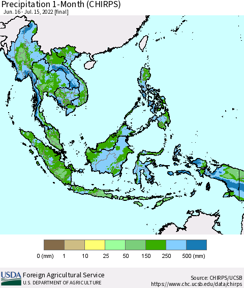 South East Asia Precipitation 1-Month (CHIRPS) Thematic Map For 6/16/2022 - 7/15/2022