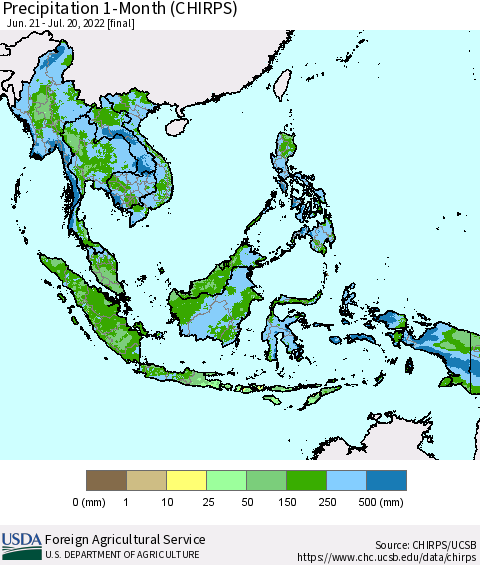 South East Asia Precipitation 1-Month (CHIRPS) Thematic Map For 6/21/2022 - 7/20/2022