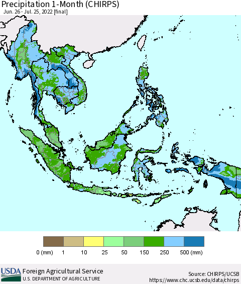 South East Asia Precipitation 1-Month (CHIRPS) Thematic Map For 6/26/2022 - 7/25/2022