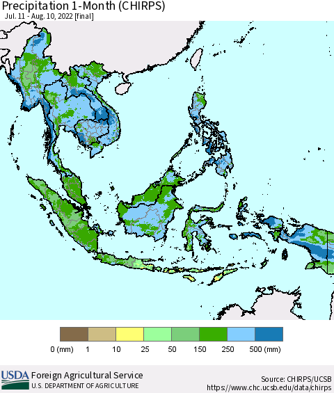 South East Asia Precipitation 1-Month (CHIRPS) Thematic Map For 7/11/2022 - 8/10/2022