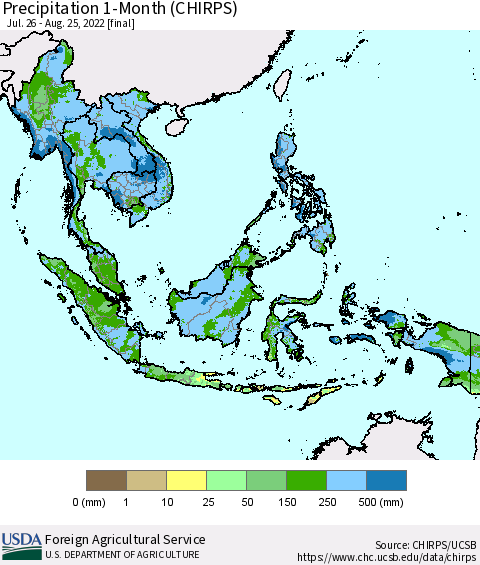 South East Asia Precipitation 1-Month (CHIRPS) Thematic Map For 7/26/2022 - 8/25/2022