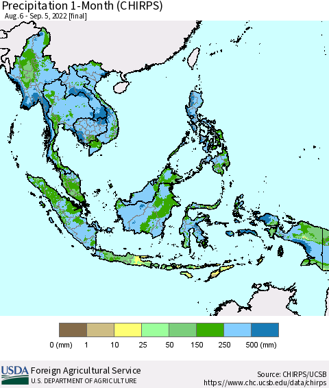 South East Asia Precipitation 1-Month (CHIRPS) Thematic Map For 8/6/2022 - 9/5/2022