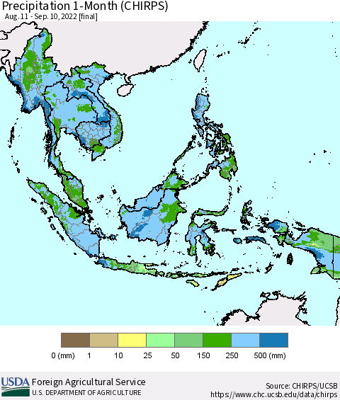 South East Asia Precipitation 1-Month (CHIRPS) Thematic Map For 8/11/2022 - 9/10/2022