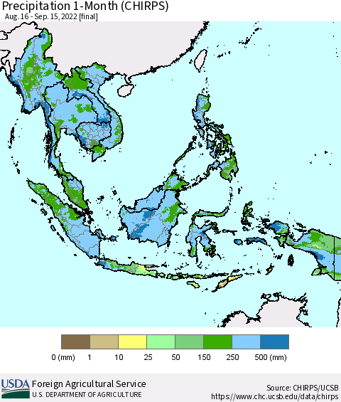 South East Asia Precipitation 1-Month (CHIRPS) Thematic Map For 8/16/2022 - 9/15/2022