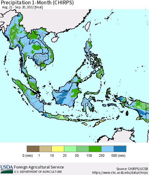 South East Asia Precipitation 1-Month (CHIRPS) Thematic Map For 8/21/2022 - 9/20/2022