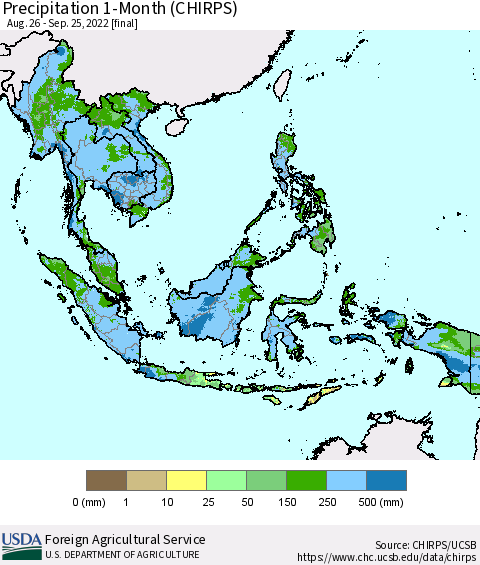 South East Asia Precipitation 1-Month (CHIRPS) Thematic Map For 8/26/2022 - 9/25/2022