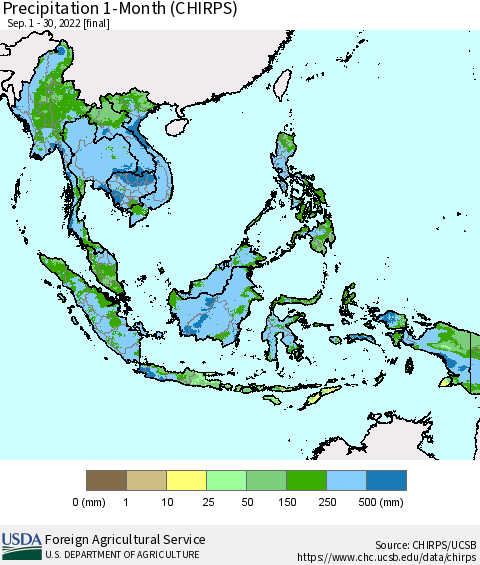 South East Asia Precipitation 1-Month (CHIRPS) Thematic Map For 9/1/2022 - 9/30/2022
