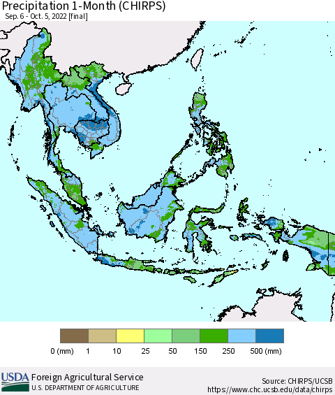 South East Asia Precipitation 1-Month (CHIRPS) Thematic Map For 9/6/2022 - 10/5/2022