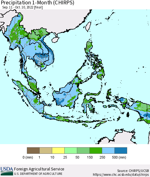 South East Asia Precipitation 1-Month (CHIRPS) Thematic Map For 9/11/2022 - 10/10/2022