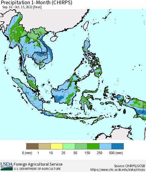 South East Asia Precipitation 1-Month (CHIRPS) Thematic Map For 9/16/2022 - 10/15/2022