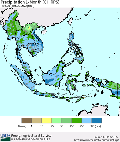 South East Asia Precipitation 1-Month (CHIRPS) Thematic Map For 9/21/2022 - 10/20/2022
