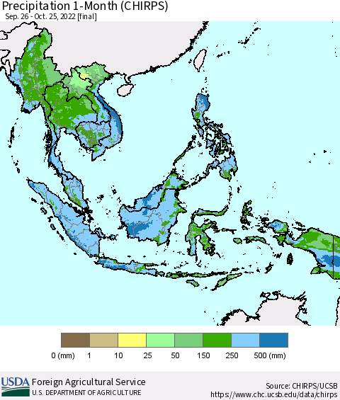 South East Asia Precipitation 1-Month (CHIRPS) Thematic Map For 9/26/2022 - 10/25/2022