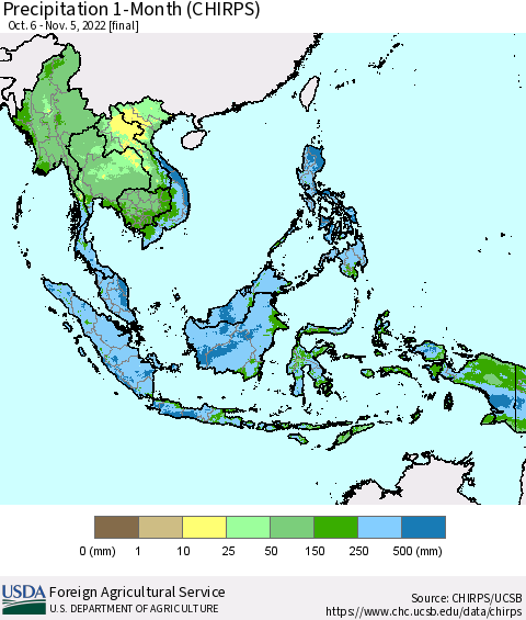 South East Asia Precipitation 1-Month (CHIRPS) Thematic Map For 10/6/2022 - 11/5/2022