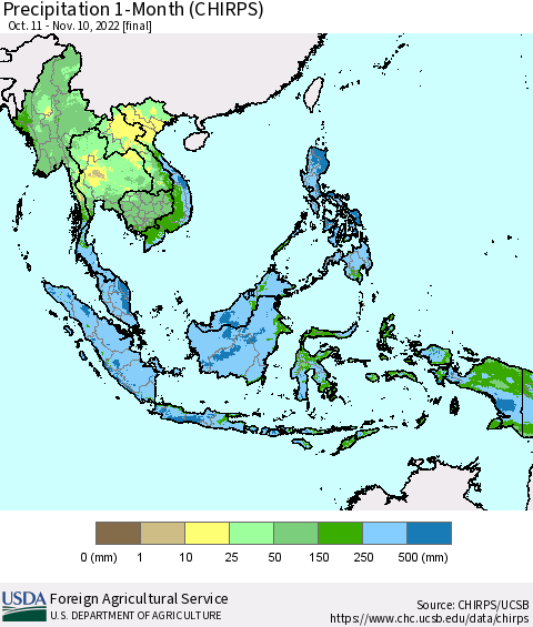 South East Asia Precipitation 1-Month (CHIRPS) Thematic Map For 10/11/2022 - 11/10/2022