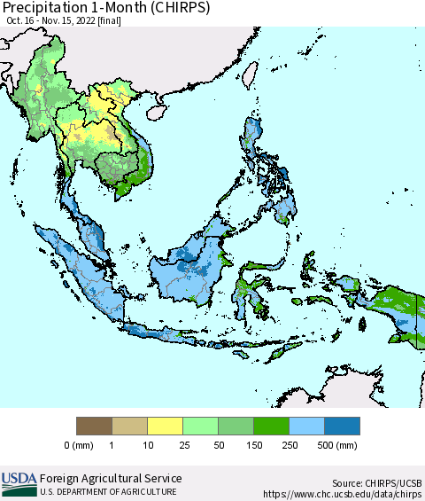 South East Asia Precipitation 1-Month (CHIRPS) Thematic Map For 10/16/2022 - 11/15/2022