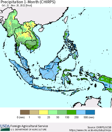 South East Asia Precipitation 1-Month (CHIRPS) Thematic Map For 10/21/2022 - 11/20/2022