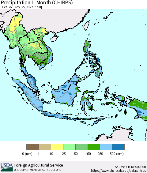 South East Asia Precipitation 1-Month (CHIRPS) Thematic Map For 10/26/2022 - 11/25/2022