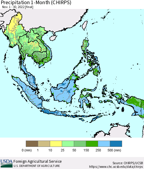 South East Asia Precipitation 1-Month (CHIRPS) Thematic Map For 11/1/2022 - 11/30/2022