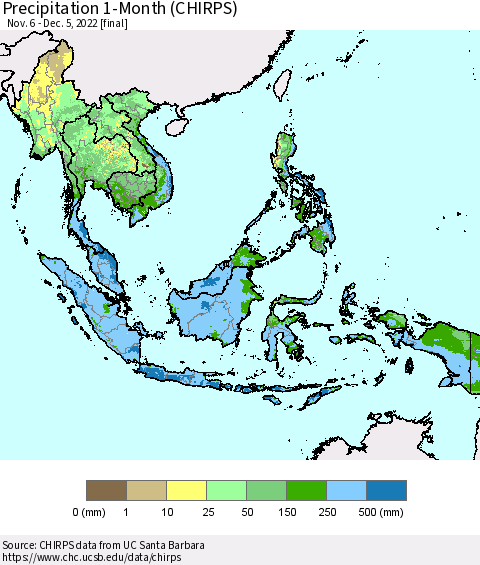 South East Asia Precipitation 1-Month (CHIRPS) Thematic Map For 11/6/2022 - 12/5/2022