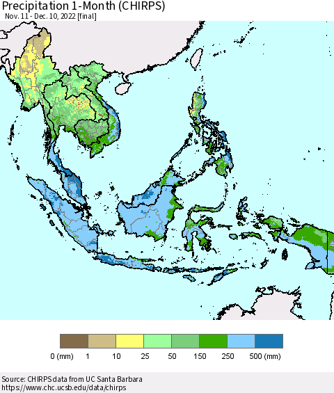 South East Asia Precipitation 1-Month (CHIRPS) Thematic Map For 11/11/2022 - 12/10/2022