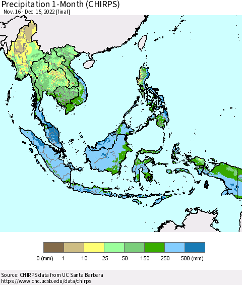 South East Asia Precipitation 1-Month (CHIRPS) Thematic Map For 11/16/2022 - 12/15/2022