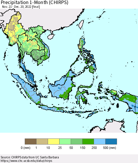 South East Asia Precipitation 1-Month (CHIRPS) Thematic Map For 11/21/2022 - 12/20/2022