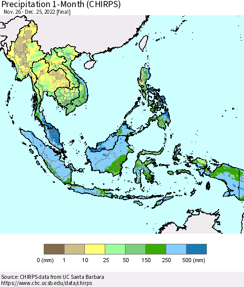 South East Asia Precipitation 1-Month (CHIRPS) Thematic Map For 11/26/2022 - 12/25/2022