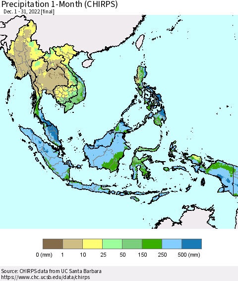 South East Asia Precipitation 1-Month (CHIRPS) Thematic Map For 12/1/2022 - 12/31/2022