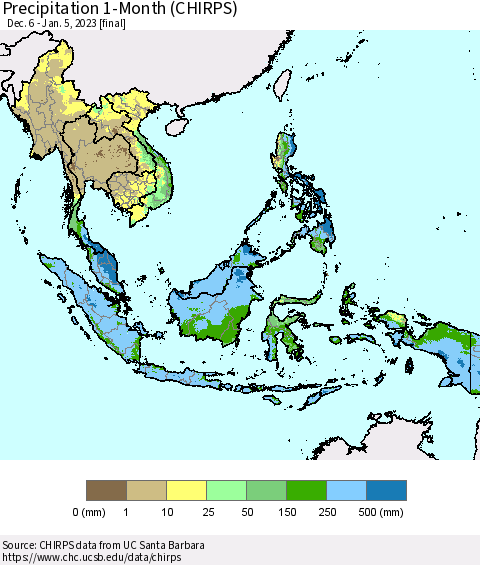 South East Asia Precipitation 1-Month (CHIRPS) Thematic Map For 12/6/2022 - 1/5/2023