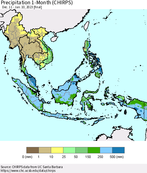 South East Asia Precipitation 1-Month (CHIRPS) Thematic Map For 12/11/2022 - 1/10/2023