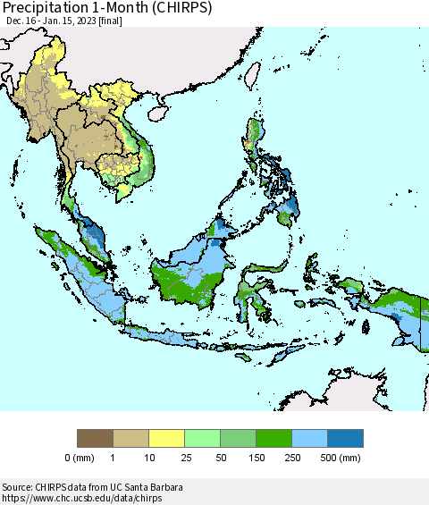 South East Asia Precipitation 1-Month (CHIRPS) Thematic Map For 12/16/2022 - 1/15/2023