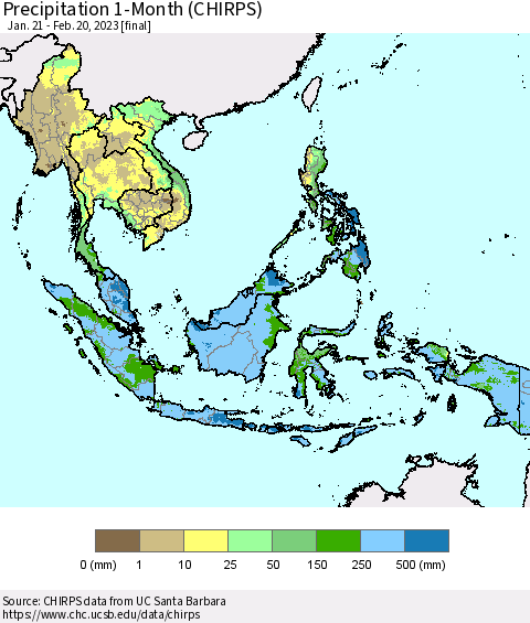 South East Asia Precipitation 1-Month (CHIRPS) Thematic Map For 1/21/2023 - 2/20/2023