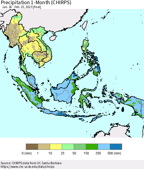South East Asia Precipitation 1-Month (CHIRPS) Thematic Map For 1/26/2023 - 2/25/2023