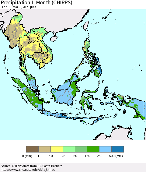 South East Asia Precipitation 1-Month (CHIRPS) Thematic Map For 2/6/2023 - 3/5/2023