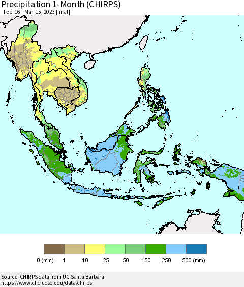 South East Asia Precipitation 1-Month (CHIRPS) Thematic Map For 2/16/2023 - 3/15/2023