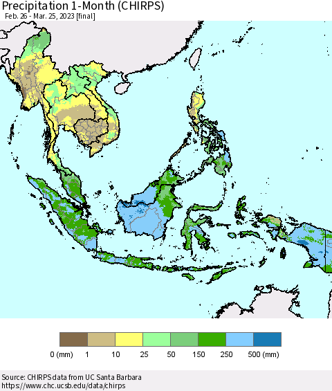 South East Asia Precipitation 1-Month (CHIRPS) Thematic Map For 2/26/2023 - 3/25/2023