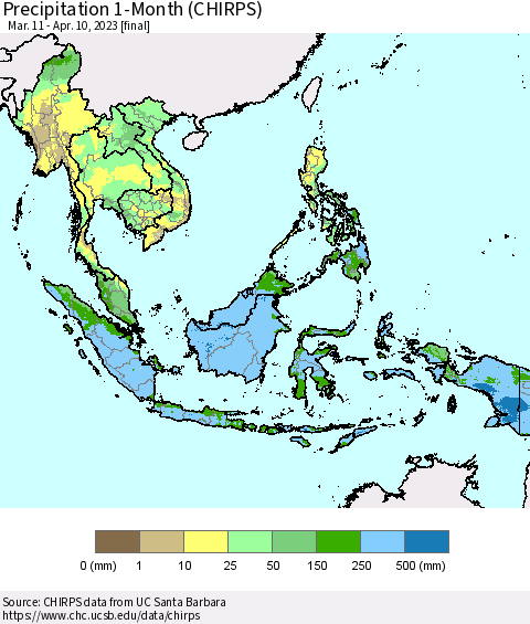 South East Asia Precipitation 1-Month (CHIRPS) Thematic Map For 3/11/2023 - 4/10/2023