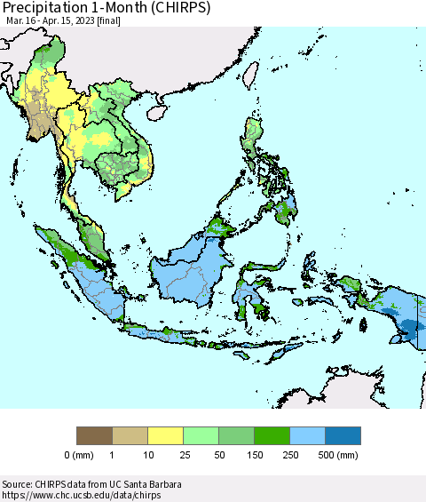 South East Asia Precipitation 1-Month (CHIRPS) Thematic Map For 3/16/2023 - 4/15/2023