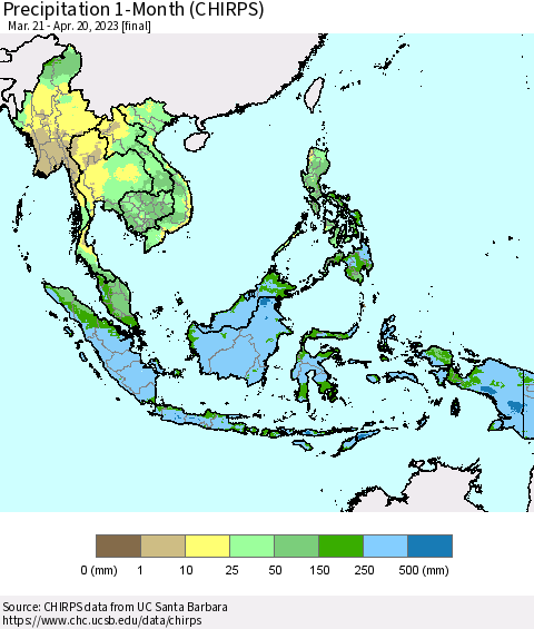 South East Asia Precipitation 1-Month (CHIRPS) Thematic Map For 3/21/2023 - 4/20/2023
