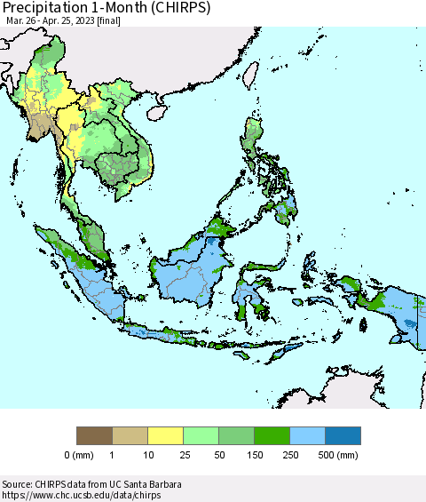 South East Asia Precipitation 1-Month (CHIRPS) Thematic Map For 3/26/2023 - 4/25/2023