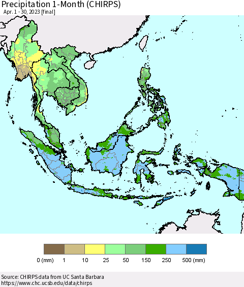 South East Asia Precipitation 1-Month (CHIRPS) Thematic Map For 4/1/2023 - 4/30/2023
