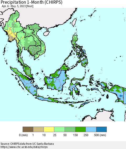 South East Asia Precipitation 1-Month (CHIRPS) Thematic Map For 4/6/2023 - 5/5/2023