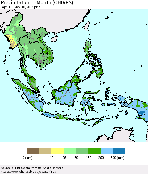 South East Asia Precipitation 1-Month (CHIRPS) Thematic Map For 4/11/2023 - 5/10/2023