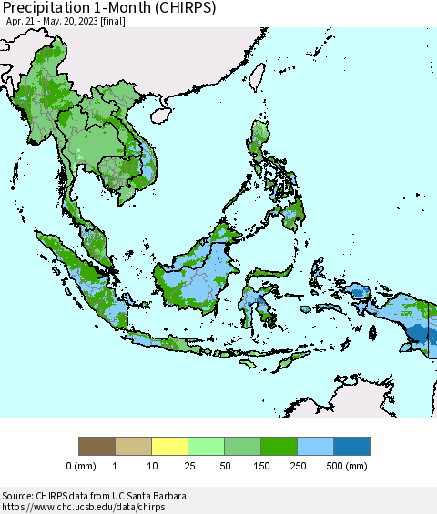 South East Asia Precipitation 1-Month (CHIRPS) Thematic Map For 4/21/2023 - 5/20/2023
