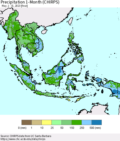South East Asia Precipitation 1-Month (CHIRPS) Thematic Map For 5/1/2023 - 5/31/2023