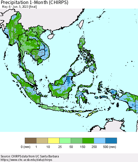 South East Asia Precipitation 1-Month (CHIRPS) Thematic Map For 5/6/2023 - 6/5/2023