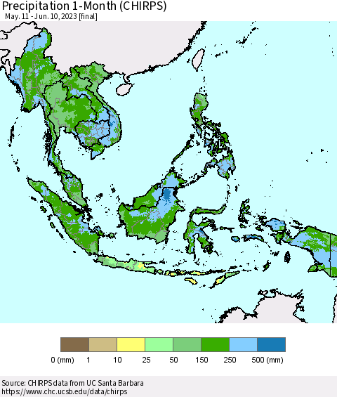 South East Asia Precipitation 1-Month (CHIRPS) Thematic Map For 5/11/2023 - 6/10/2023